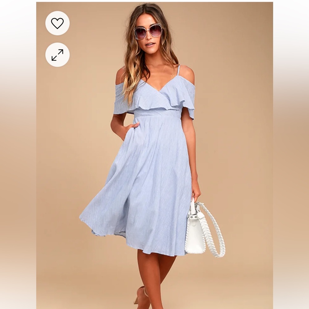 LULUS Yacht Rock Blue and White Striped Off-the-Shoulder Midi Dress